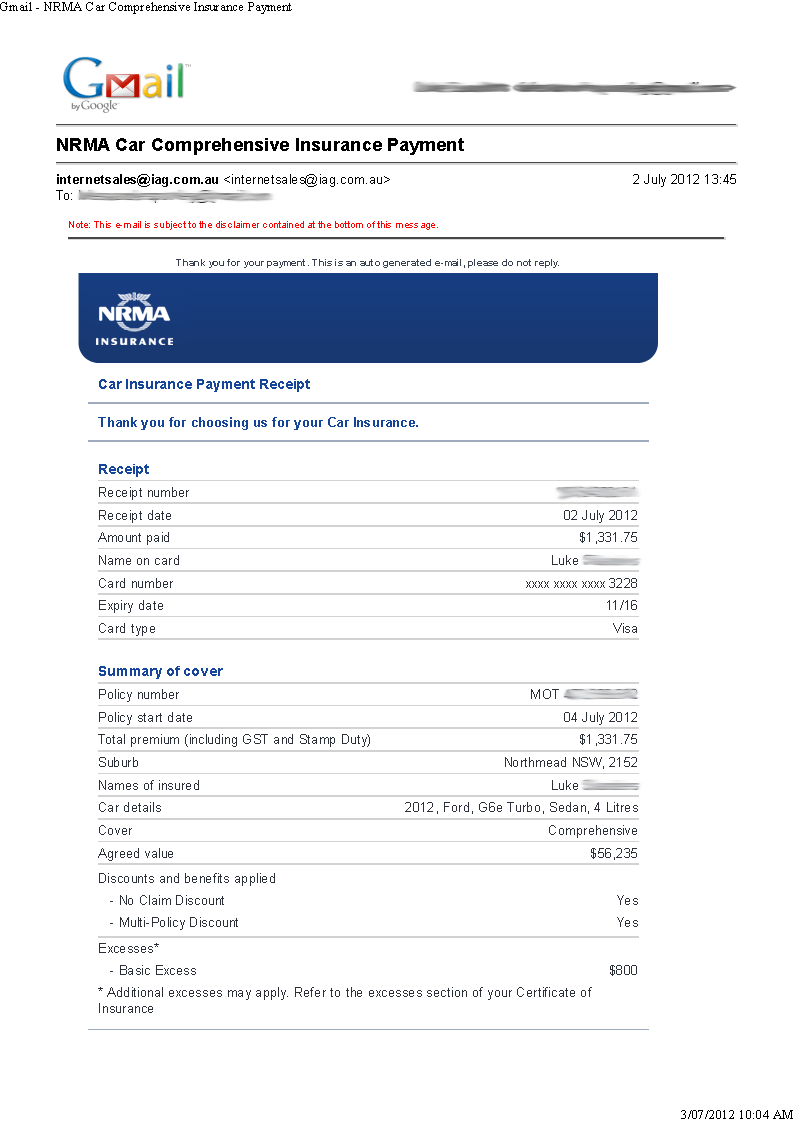 NRMA Car Comprehensive Insurance Payment Receipt